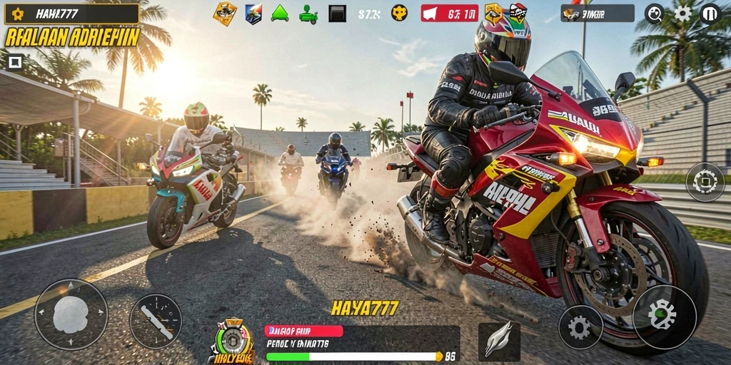 Tampilan gameplay menegangkan di <strong>HAYA777</strong> dengan aksi balapan motor yang seru.