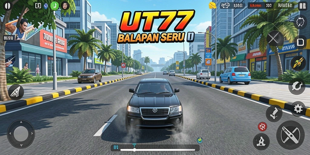 Gameplay menegangkan UT77 dengan mobil balap di trek yang menantang.